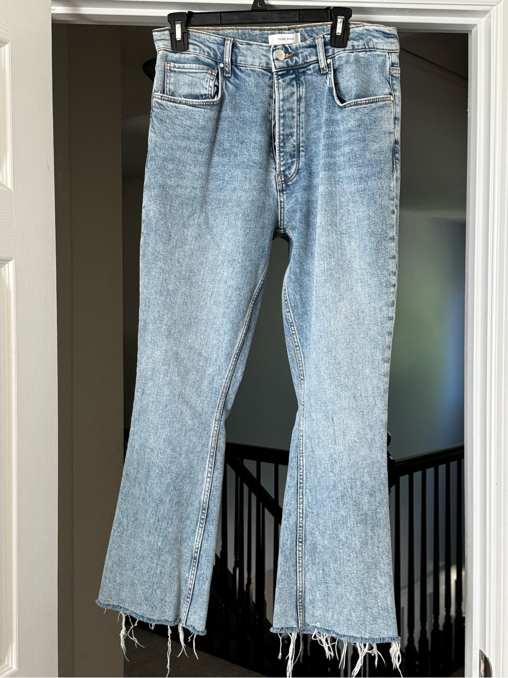 Anine Bing Light Blue Denim Jeans with Brown Leather Patch